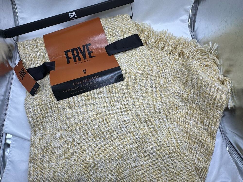 FRYE Oversized Marbled Fringe 50 x 70” Throw Blanket Tan Wheat NWT Warm Cozy
